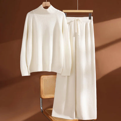 CHICUU Women's 100% Wool Sweater Pants Set Thick Mock Neck Pullover Wide Leg Pants Autumn Winter Warm Casual Wool Knitwear Suit