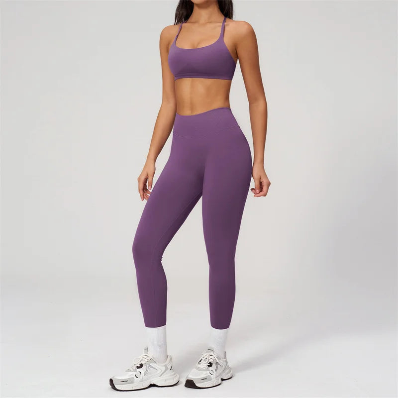 TRY TO BN Women Tracksuit 2 Piece Yoga Set Cross Bra High Waist V Waist Leggings Tummy Control Butt Lifting Workout Running Gym
