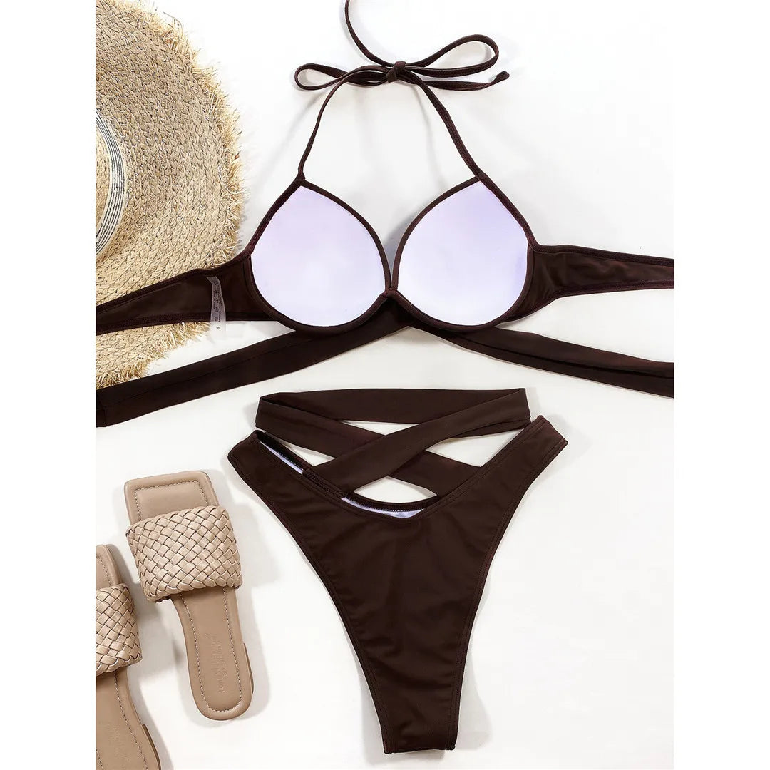 Sexy Wrap Around High Waist Bikini Female Swimsuit Women Swimwear Two-pieces Bikini set Bandage Bather Bathing Suit Swim V3115