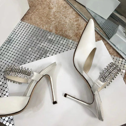 Women's 2022 Pump Summer New Rhinestone Chain Slippers High Heels Stiletto Pointed Shallow Mouth Silk Sandals Outer Wear