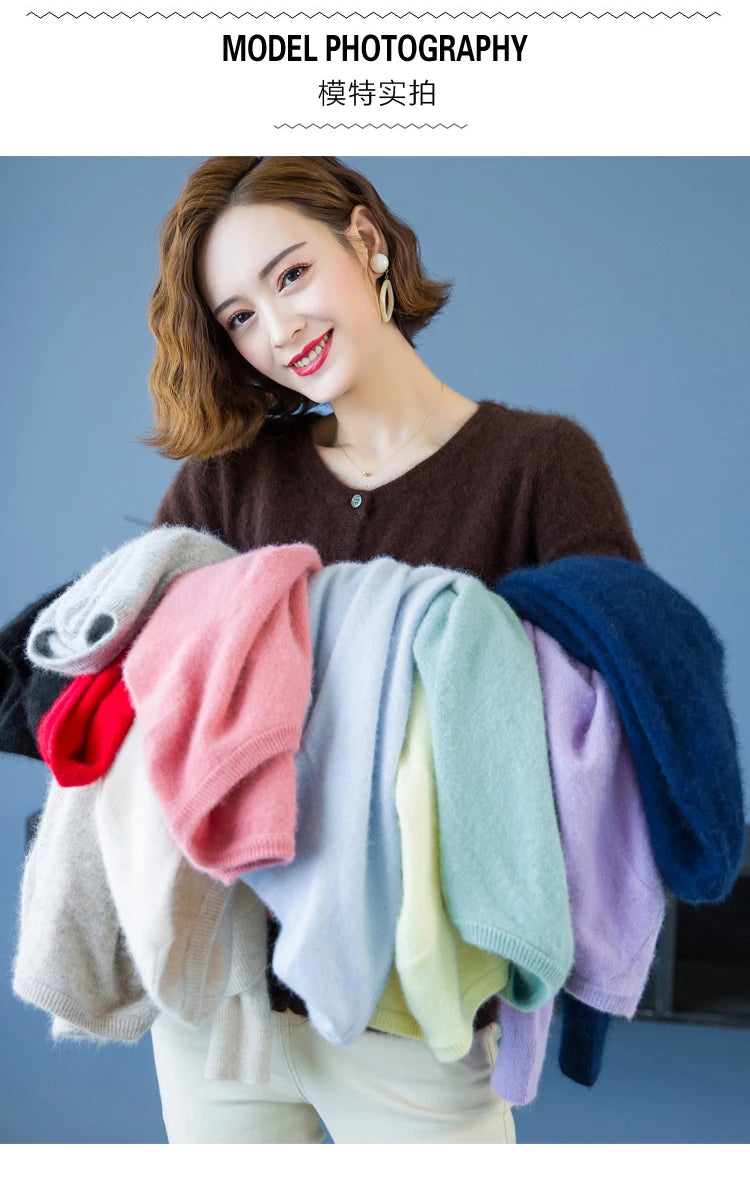 Women Cardigan Large Size Warm Pure Mink Cashmere Sweaters O-neck Loose Coat Female Sweater Ladies' Jacket Solid Knit Cardigans