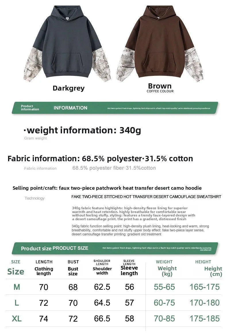 Custom LOGO Men's 2025 Autumn New 340G fleece-lined Fake Two-piece Camouflage Sweater T-Shirt Casual Pants Set