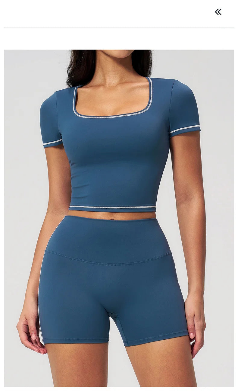 TRY TO BN 2 Pieces Women's Tracksuit Yoga Short Sleeves Top Sets High Waist Shorts Contrasting Color Running Fitness Gym Clothes