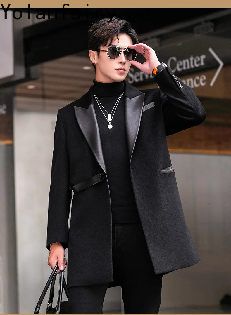 YOLANFAIRY 2025 Autumn Genuine Sheepskin Patchwork Wool Coat Man Clothing Men's Mid-length Suit Windbreaker Trendy Woolen Jacket