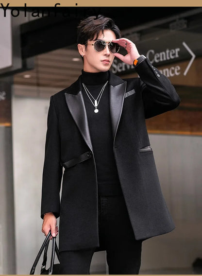 YOLANFAIRY 2025 Autumn Genuine Sheepskin Patchwork Wool Coat Man Clothing Men's Mid-length Suit Windbreaker Trendy Woolen Jacket