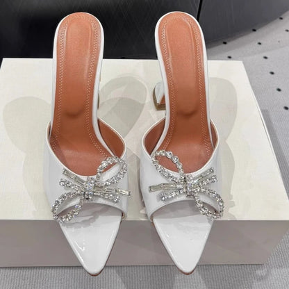 New Bow Rhinestone High-heeled Sandals Sexy Open-toed Fish Mouth Pointed Rear Empty Cool Slippers Women