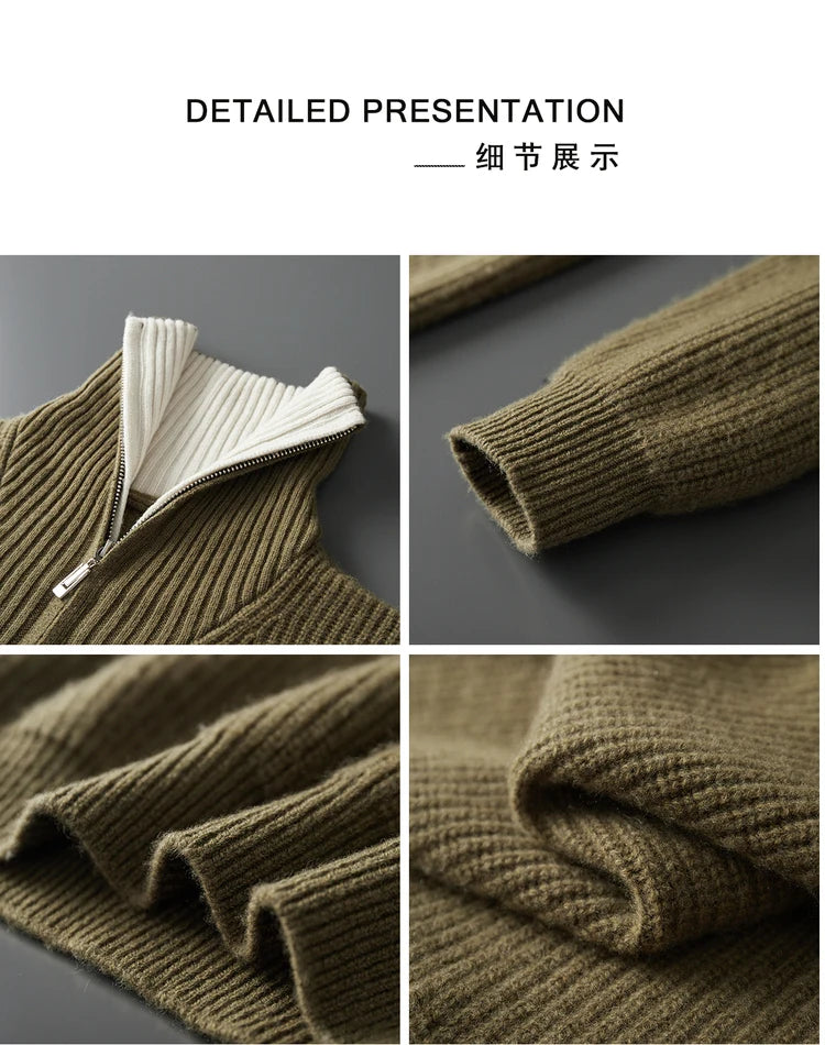 High Quality Men 100% Wool Sweater Turn Down Collar Zippers Pullover 2025 Autumn/Winter Thickened Soft Warm Knitwear Jumper Tops