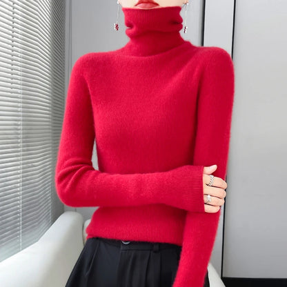 100% Merino Wool Long-sleeved Turtleneck Pullover Women's Autumn Winter Slim Sweater Basic Women's Clothes Cashmere Sweater