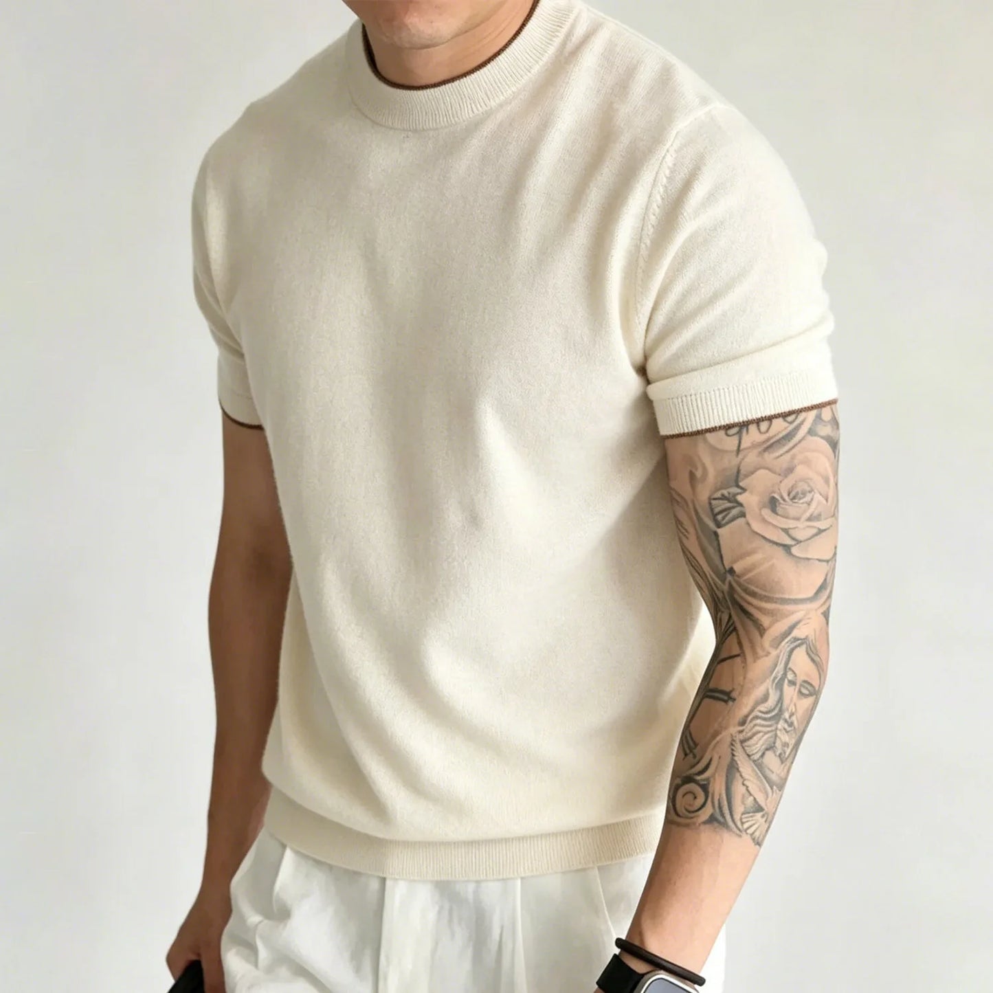 Light Luxury Cashmere Blend Anti Pilling Knitted Short Sleeved Round Neck T-shirt for Men, Retro Casual Business Summer Shirt