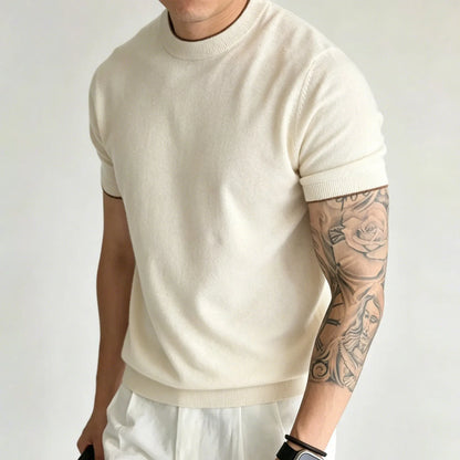 Light Luxury Cashmere Blend Anti Pilling Knitted Short Sleeved Round Neck T-shirt for Men, Retro Casual Business Summer Shirt