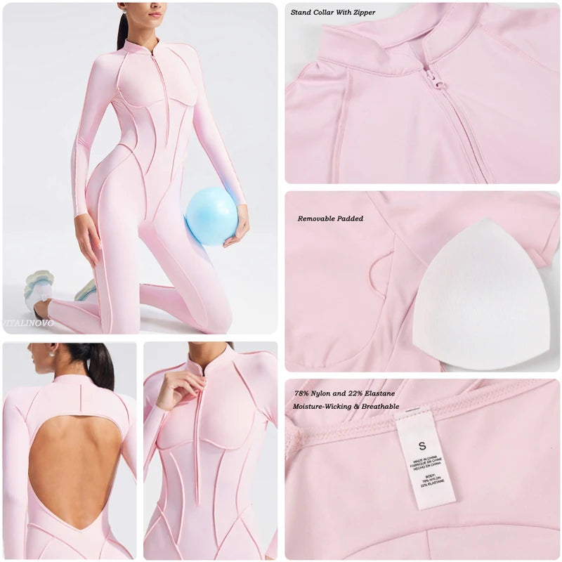 VITALINOVO Women Short Sleeve Workout Jumpsuit Backless Zip Up Romper Bottom Shorts Built-in Bra Bodysuit Bodycon Sexy One Piece