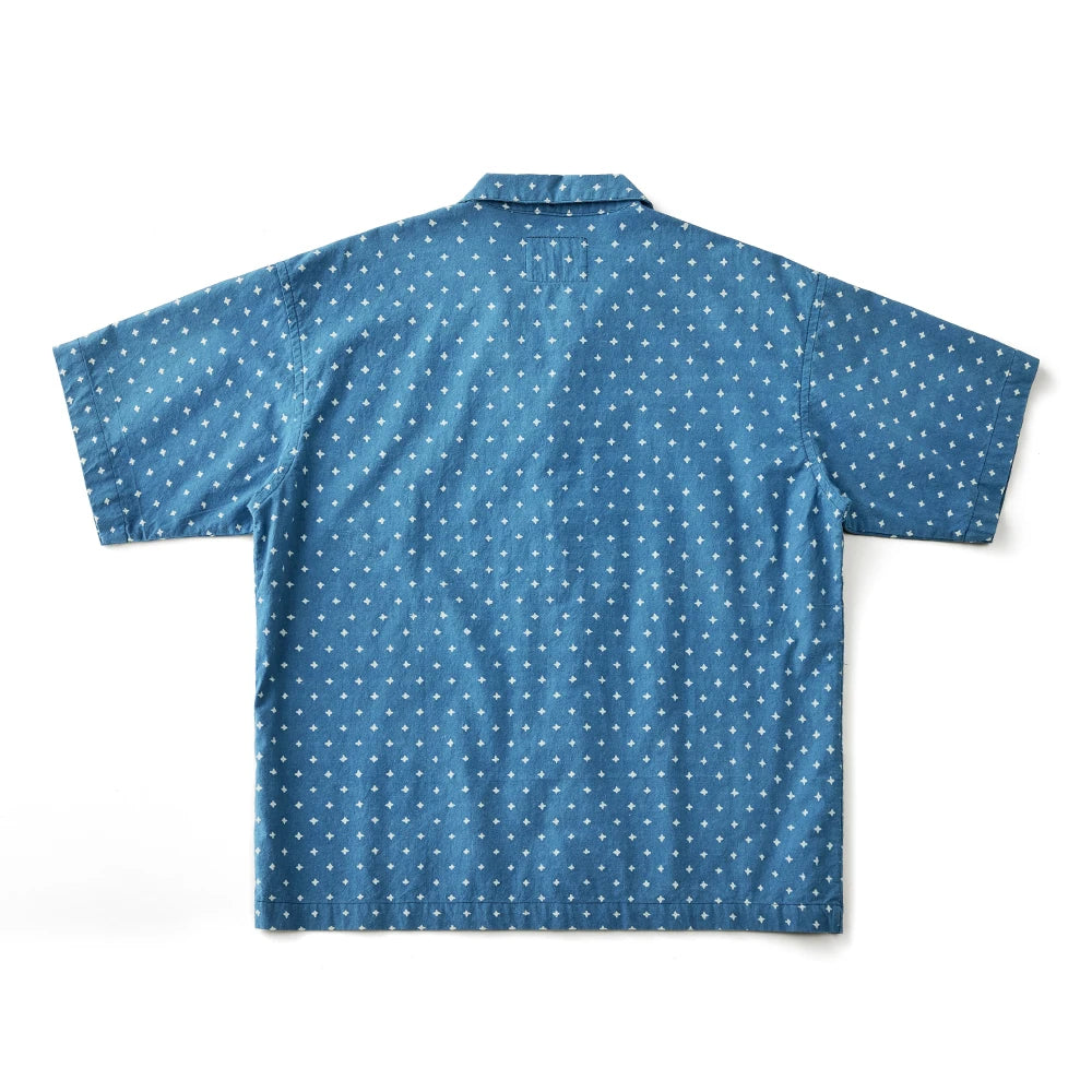 Vintage Indigo Print Shirt Men Summer New Blue Dyed Cuban Lapel Short Sleeve Single Breasted Shirt Cotton Casual Cardigan Tops