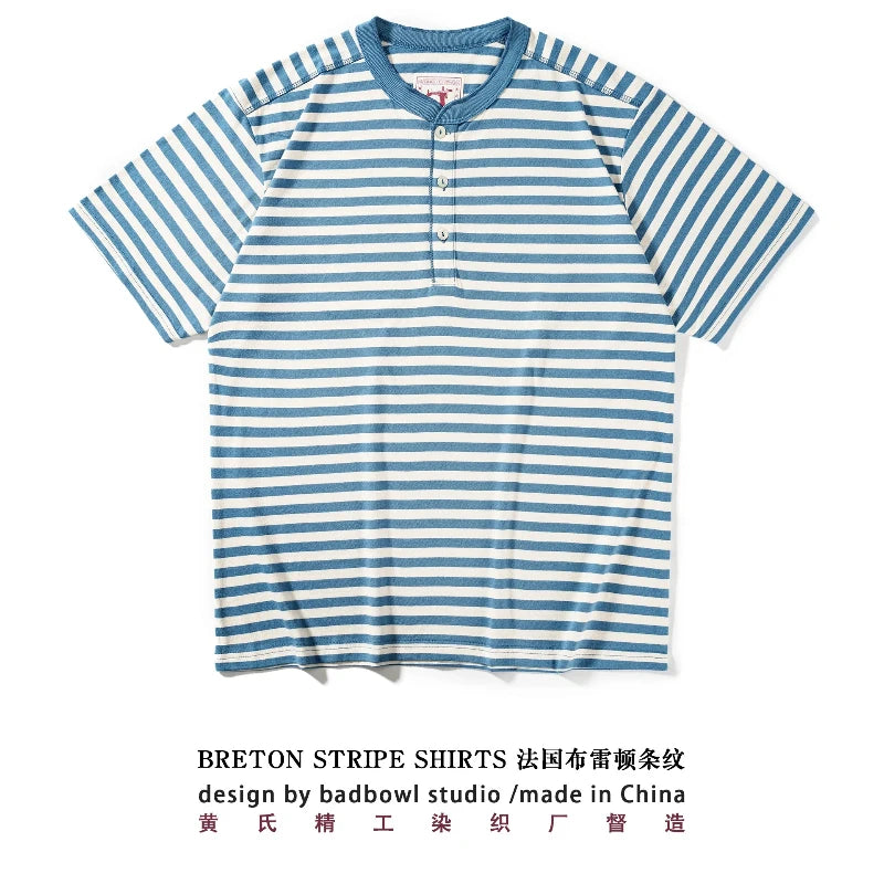 American Retro Sea Soul Shirt 270g Heavy Cotton T-shirt Men's Casual Round Neck Short Sleeve T-shirt Striped Base T-shirt