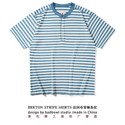 American Retro Sea Soul Shirt 270g Heavy Cotton T-shirt Men's Casual Round Neck Short Sleeve T-shirt Striped Base T-shirt