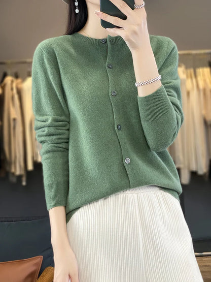 100% Merino Wool Sweater Women O-Neck Cardigan Basic Style  Buttoned Knitwear Female Casual Autumn Winter Soft Tops