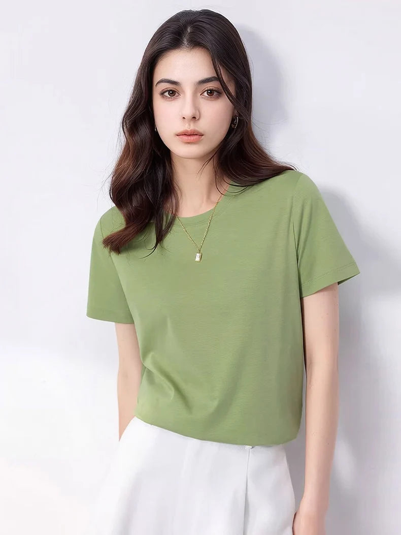 SuyaDream Women Solid T shirts, Silk Cotton Blend, O Neck, Short Sleeved Solid Tee,2025 Summer Candy Colors Basic Cozy Top Green