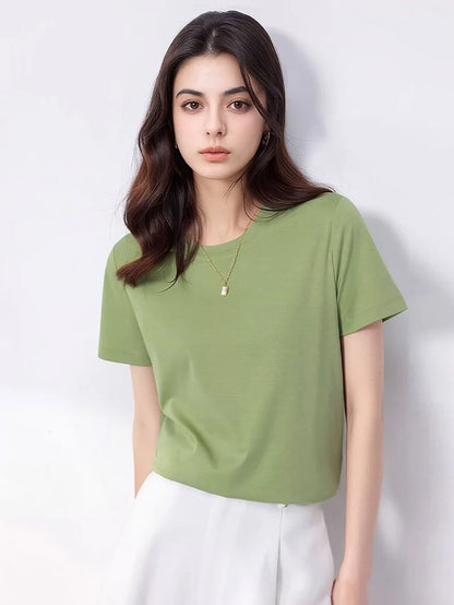 SuyaDream Women Solid T shirts, Silk Cotton Blend, O Neck, Short Sleeved Solid Tee,2025 Summer Candy Colors Basic Cozy Top Green