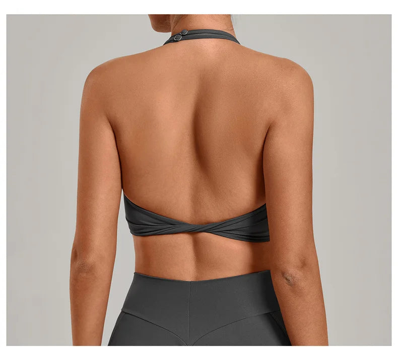 TRY TO BN Yoga Sports Bra Women's Zipper Halter Neck Naked Feeling Backless Underwear Fitness Tops Workout Running Gym Clothing