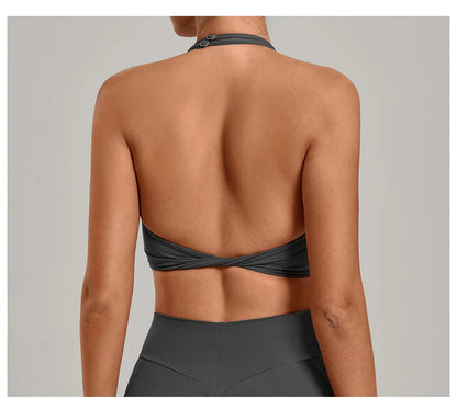 TRY TO BN Yoga Sports Bra Women's Zipper Halter Neck Naked Feeling Backless Underwear Fitness Tops Workout Running Gym Clothing