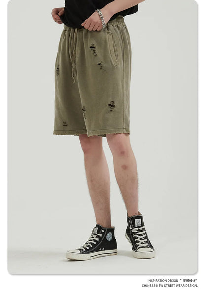 Customized LOGO Men's Heavy 100% Cotton High Street Wind Wash Old Loose Cut Couple Retro Shorts