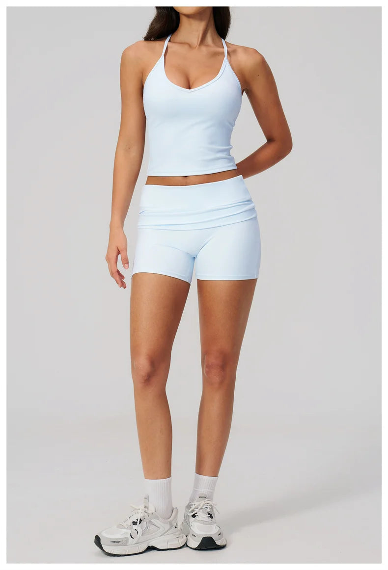 TRY TO BN Two Pieces Women's Tracksuit Vest Sling Top Set Fold-over Waist Yoga Shorts Hip Lifting Running Fitness Gym Activewear