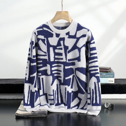 New Men's Sweater 100% Cashmere Autumn Winter Fashion Knitted Jacquard Pullover Color blocked O-Neck Thickened Men's Wear Top