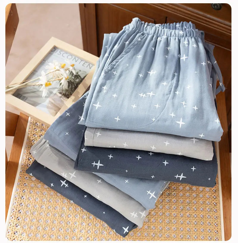 2026 Spring/Summer New Couple Sleeper Pants 100% Cotton Gauze Men's and Women's Casual Loose Home Thin Pants bottoms womens
