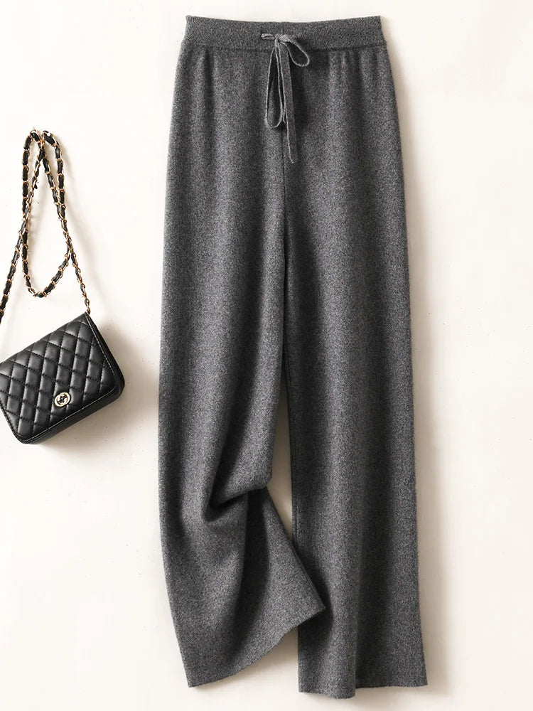 CHICUU Women Cashmere Pants Basic Casual Wide Leg Pants Autumn Winter 100% Merino Wool Knitwear Soft Korean Popular Trousers