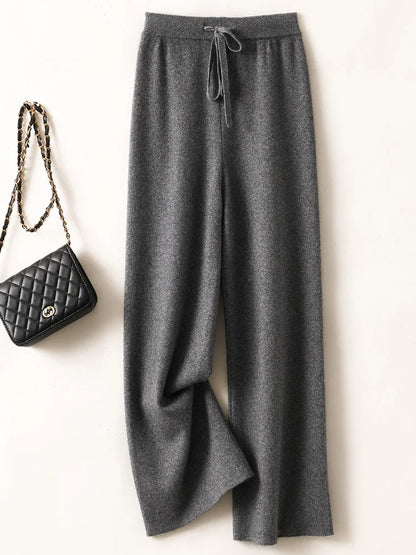 CHICUU Women Cashmere Pants Basic Casual Wide Leg Pants Autumn Winter 100% Merino Wool Knitwear Soft Korean Popular Trousers