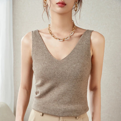 Women's Spring and Autumn 2026 New 100% Merino Wool V-Neck Pullover Knitted Suspender Casual Soft Inner Vest Women's Clothing