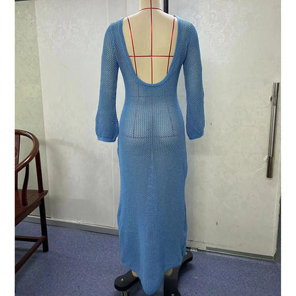 Sexy Long Sleeve Hollow Out Crochet Knitted Tunic Beach Cover Up Cover-ups Beach Dress Beach Wear Beachwear Female Women V5319