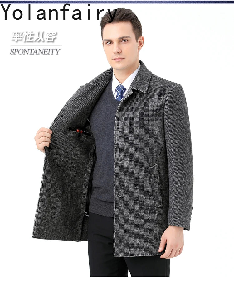 YOLANFAIRY 100% Cashmere Jacket for Men 2025 Autumn Winter Mid-length Wool Coats Man Clothing Casual Business Men's Woolen Coat