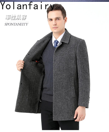 YOLANFAIRY 100% Cashmere Jacket for Men 2025 Autumn Winter Mid-length Wool Coats Man Clothing Casual Business Men's Woolen Coat