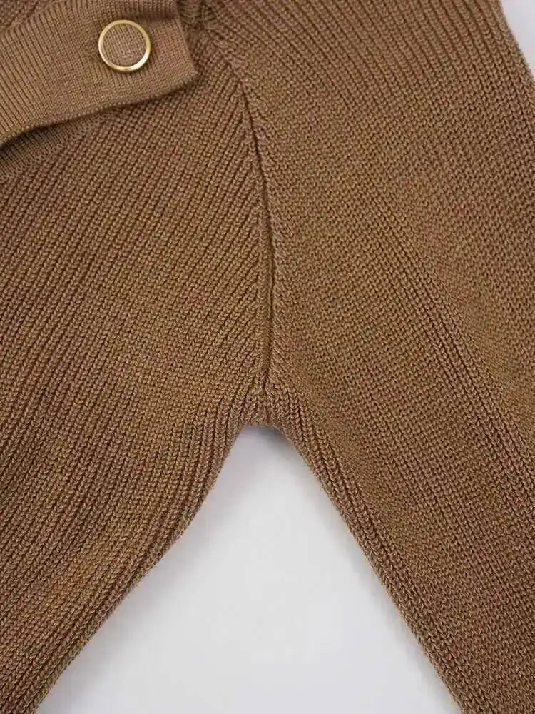 DEAT Fashion Brown Irregular Knitted Tops Women's Turtleneck Slim Fit Button Long Sleeves Short Sweater Autumn New