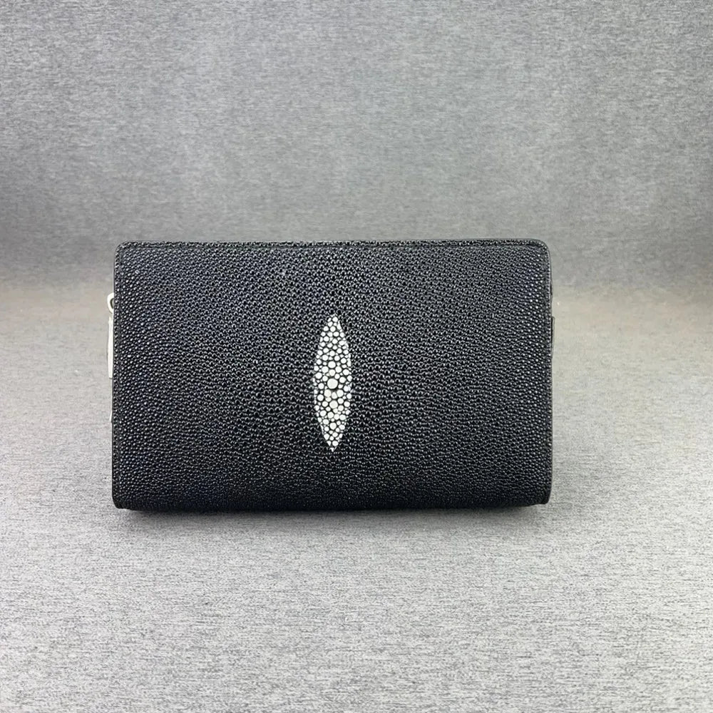 Authentic Sand Polish Stingray Skin Business Zip Lock Wristlet Clutch, Genuine Exotic Leather Black Card Purse for Men