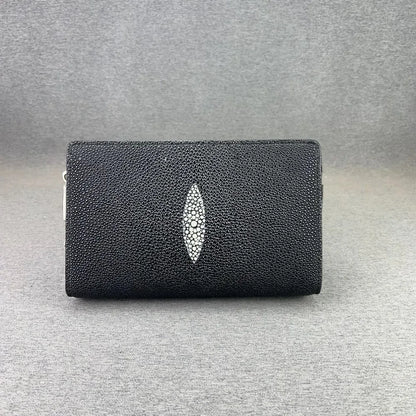 Authentic Sand Polish Stingray Skin Business Zip Lock Wristlet Clutch, Genuine Exotic Leather Black Card Purse for Men