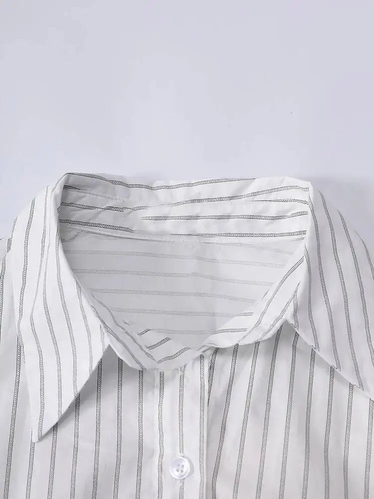 DEAT Fashion Striped Wrap Tie Waist Shirt Mini Dress Women's Lapel Asymmetric Ruched Hem Striped Bodycon Dresses Summer New
