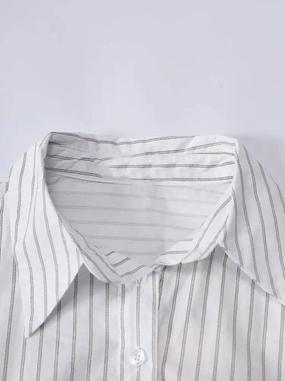 DEAT Fashion Striped Wrap Tie Waist Shirt Mini Dress Women's Lapel Asymmetric Ruched Hem Striped Bodycon Dresses Summer New