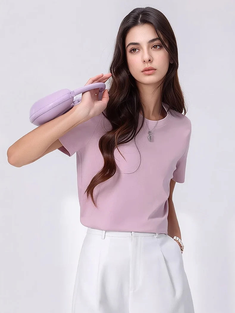 SuyaDream Women Solid T shirts, Silk Cotton Blend, O Neck, Short Sleeved Solid Tee,2025 Summer Candy Colors Basic Cozy Top Green
