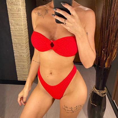 Wrinkled Bandeau High Cut Bikini Women Swimwear Female Swimsuit Two-pieces Bikini set Strapless Bather Bathing Suit Swim V3367