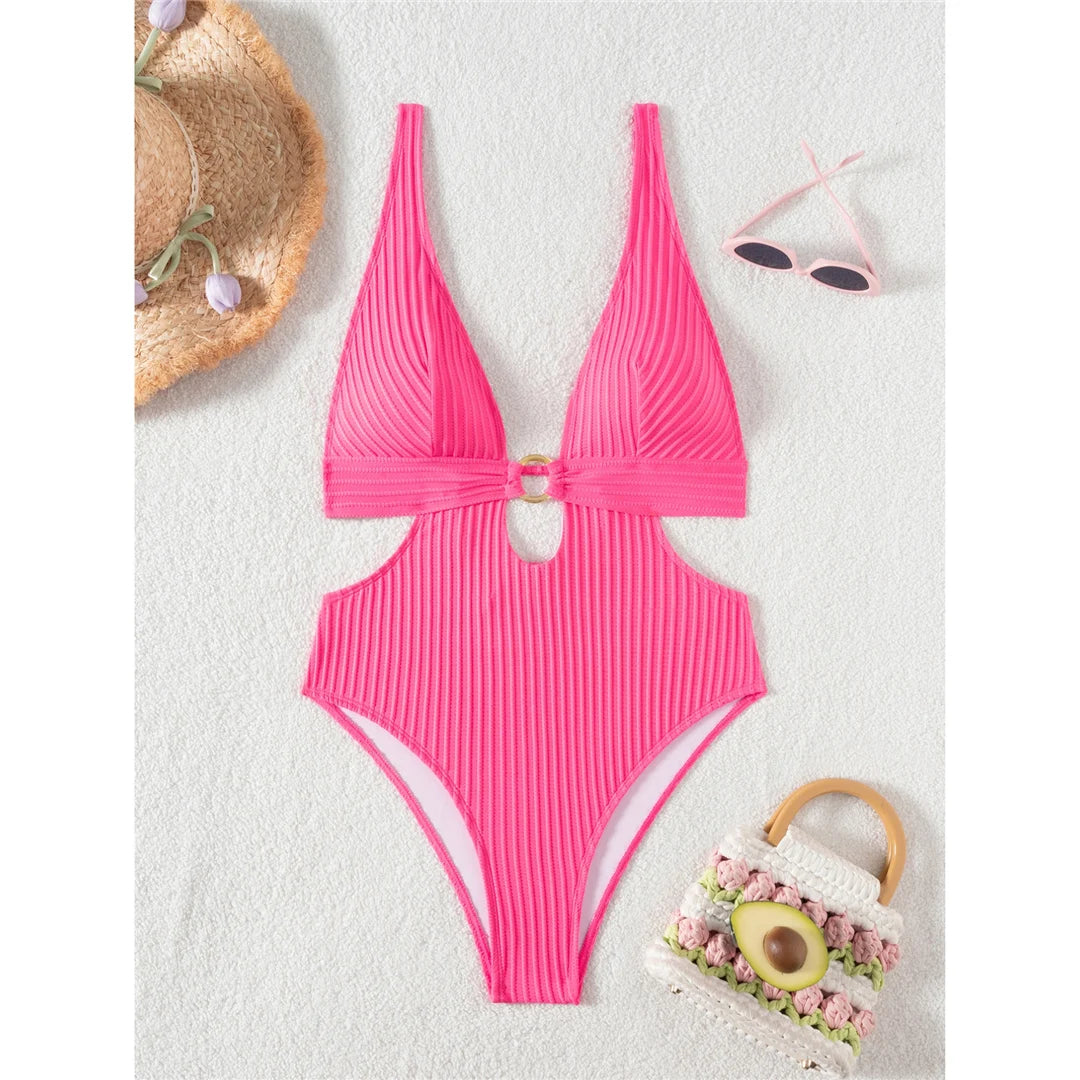 Sexy 8 Colors Deep V Neck Cut Out One Piece Swimsuit Women Swimwear Female High Leg Cut Monokini Bather Bathing Suit Swim V7177