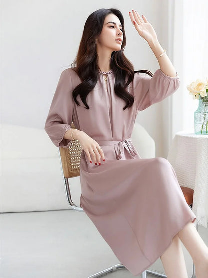 SuyaDream, Women Elegant Dresses, Real Silk, O Neck, 3/4 Sleeved, Black Mid Dress, 2026 Spring Summer Cloth