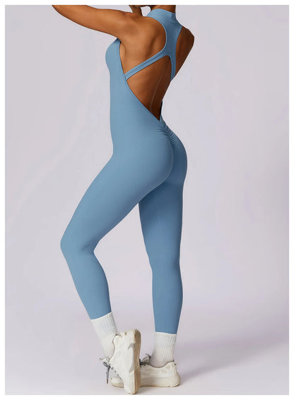 Summer V Back One-piece Suit Women Sports Jumpsuit Zippers Yoga Rompers Backless Sportswear Women Sleeveles Workout Bodysuits