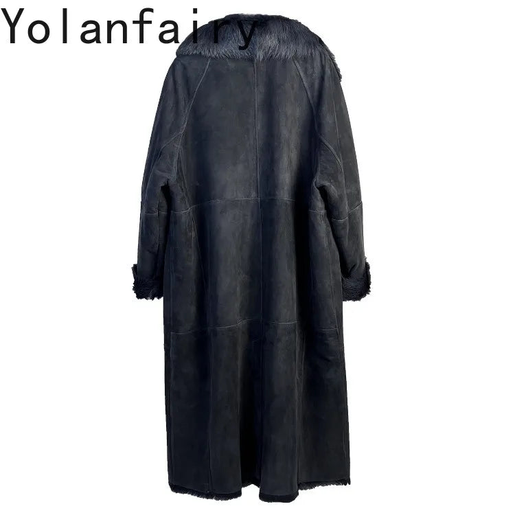 YOLANFAIRY Real Goatskin Leather Fur Coats for Women Winter High-end Natural Fur Coat Lazy Style Long Leather Jacket Luxury Wear