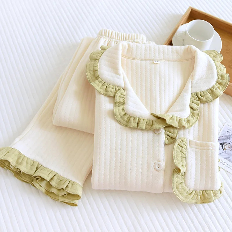 Autumn and winter new ladies pajamas set cotton air quilted long-sleeved trousers two-piece thickened cute homewear set women