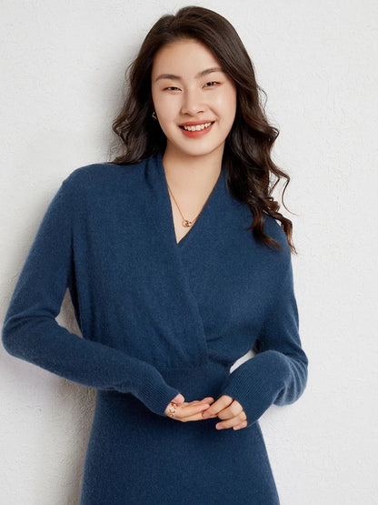 CHICUU Women 100% Cashmere Dresses V-neck Waist Cinching Dresses Autumn Winter Office Lady Grace Luxury Cashmere Knitwear
