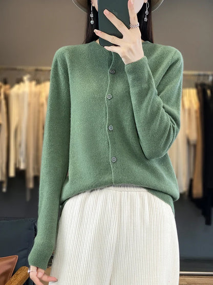 100% Merino Wool Sweater Women O-Neck Cardigan Basic Style  Buttoned Knitwear Female Casual Autumn Winter Soft Tops