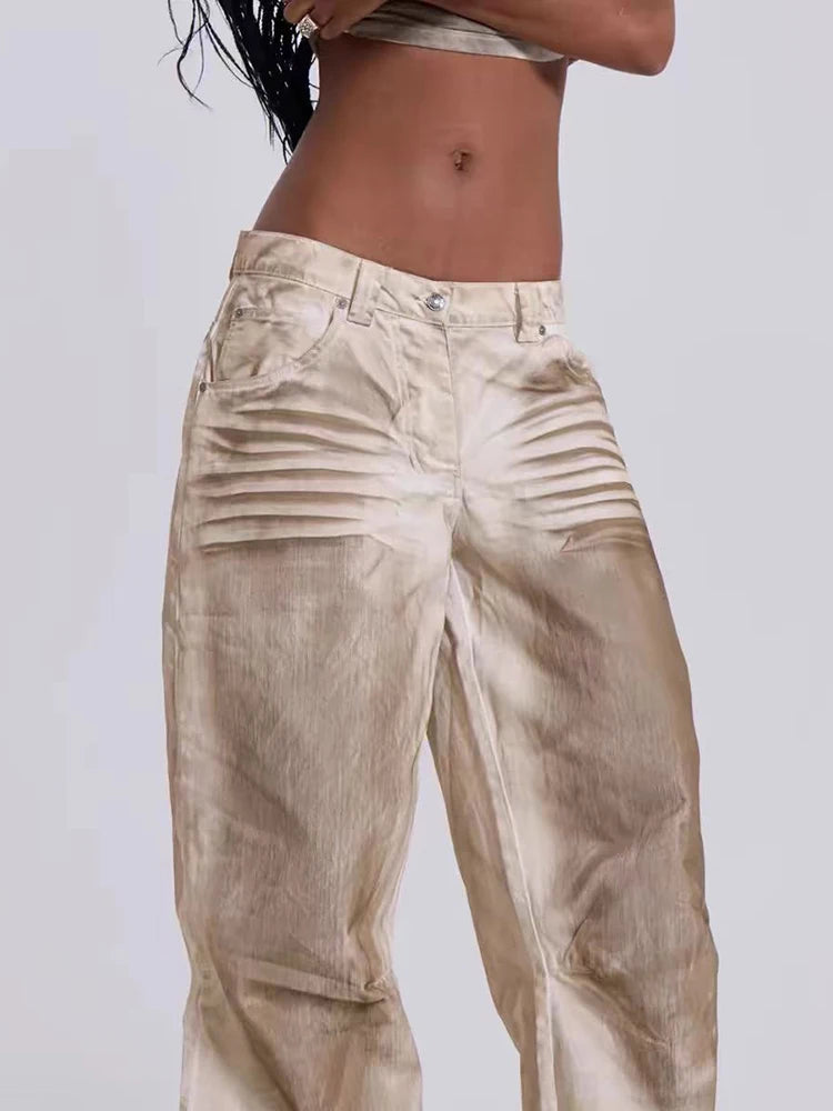 DEAT Fashion Dirty Dyed Jeans Women's High Waist Loose Straight Wide Leg Denim Pants Summer New 7A609