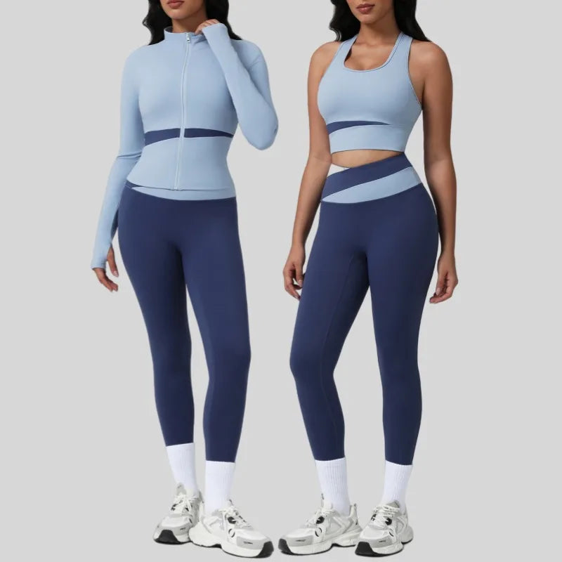New Women's Color-Block Yoga Outfit Set Back Beauty Fitness Tank Top Long Sleeve Coat Hip-Lifting Leggings Running Fitness Set