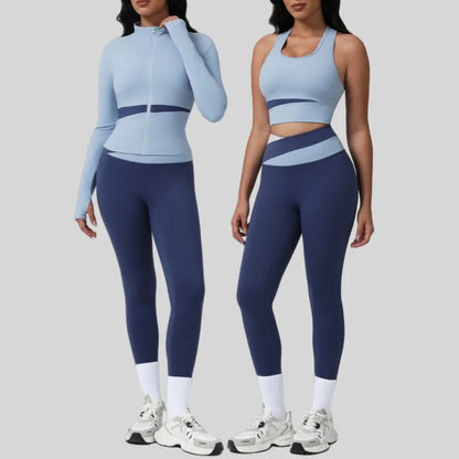 New Women's Color-Block Yoga Outfit Set Back Beauty Fitness Tank Top Long Sleeve Coat Hip-Lifting Leggings Running Fitness Set